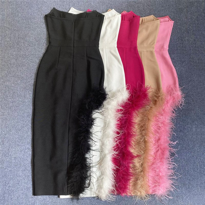 Strapless Feathered Pink Midi Dress H5439