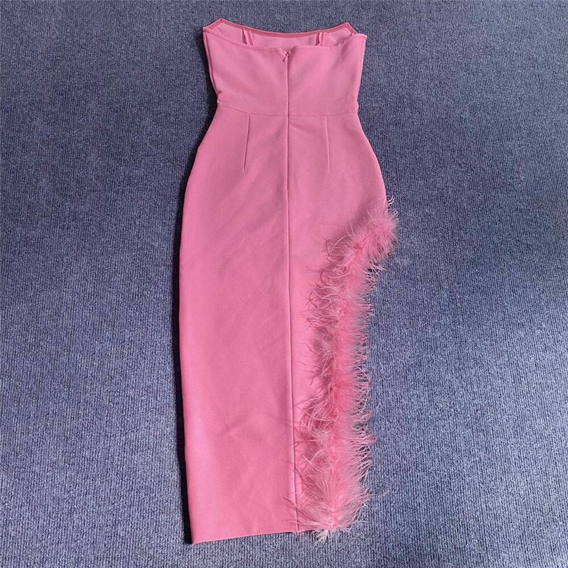 Strapless Feathered Pink Midi Dress H5439
