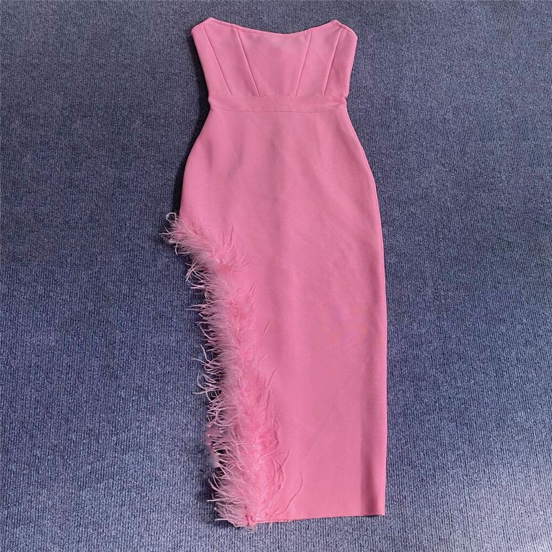 Strapless Feathered Pink Midi Dress H5439