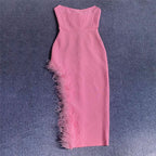 Strapless Feathered Pink Midi Dress H5439