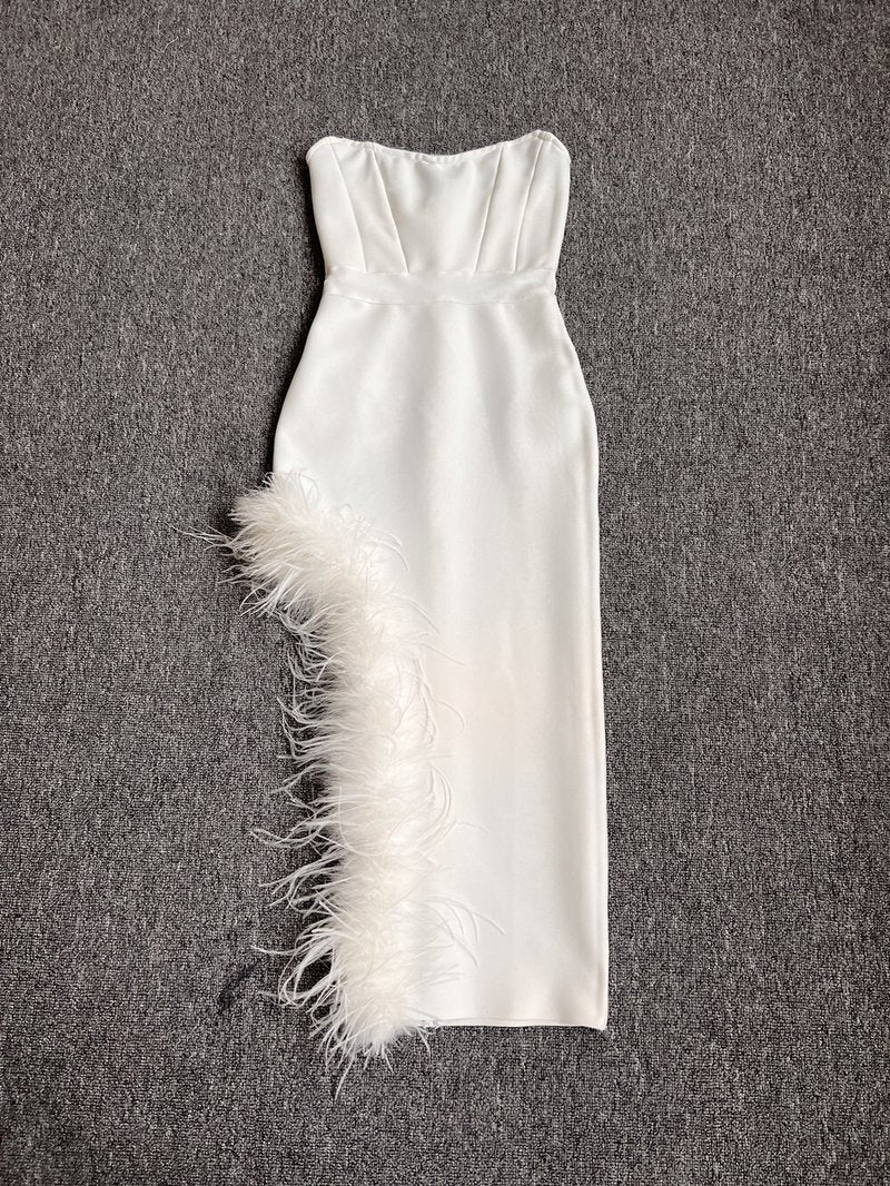 Strapless Feathered Pink Midi Dress H5439