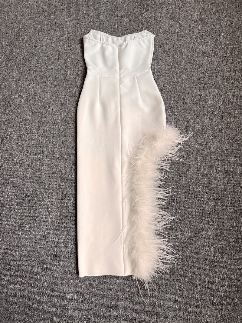 Strapless Feathered Pink Midi Dress H5439