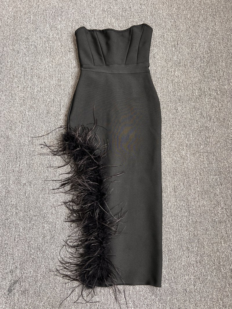 Strapless Feathered Pink Midi Dress H5439