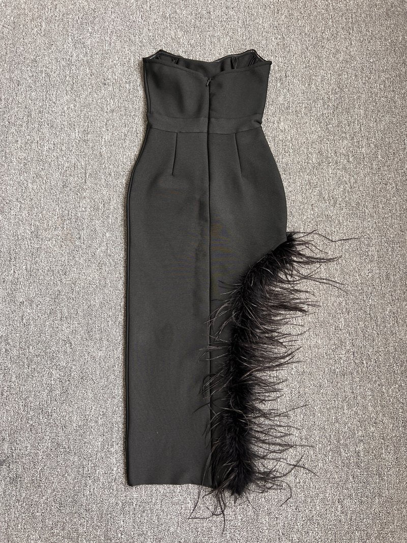 Strapless Feathered Pink Midi Dress H5439