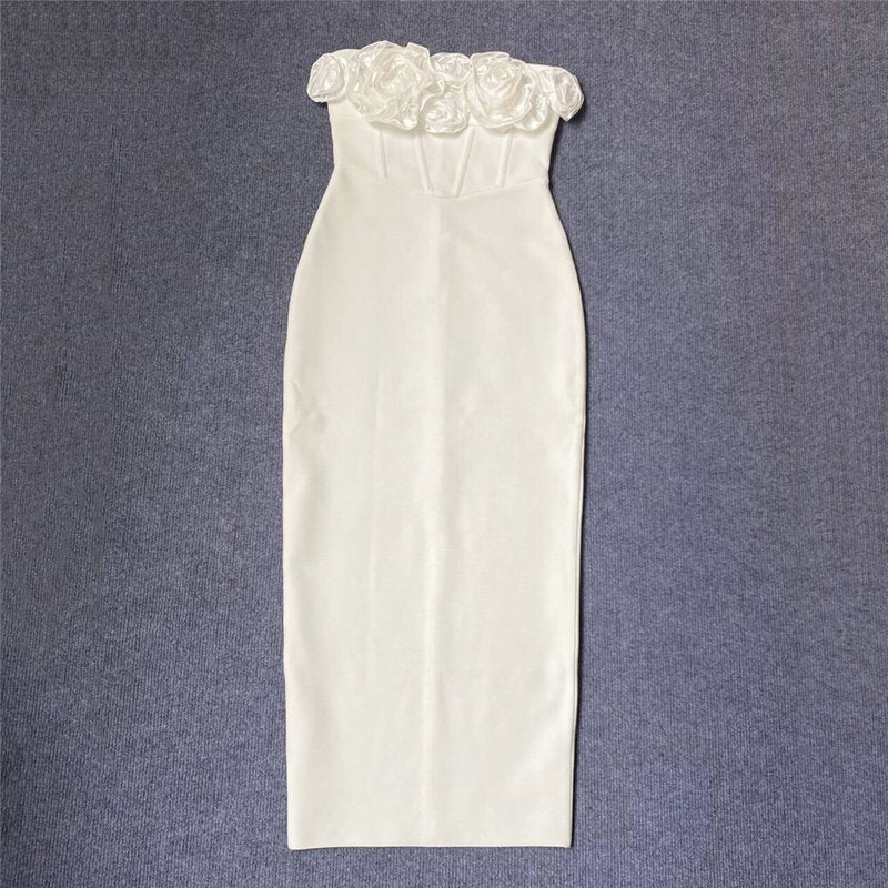 Strapless Floral Appliqué Midi Dress H6228