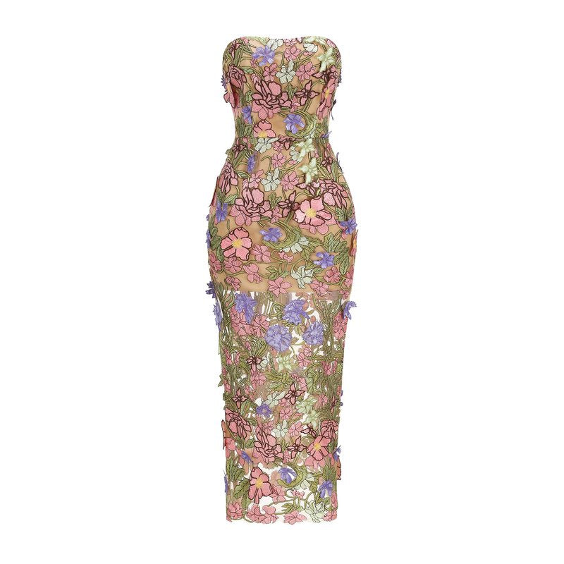 Fashion Strapless Floral Embroidered Midi Dress H7154