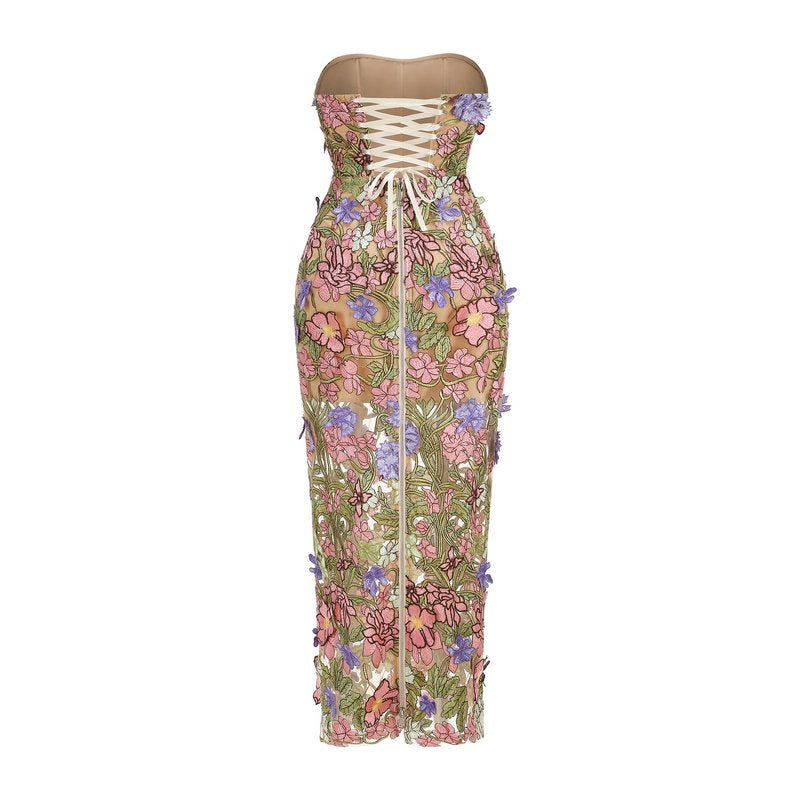 Fashion Strapless Floral Embroidered Midi Dress H7154