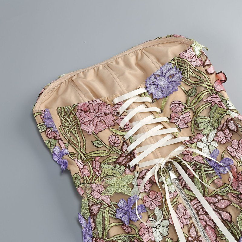 Fashion Strapless Floral Embroidered Midi Dress H7154