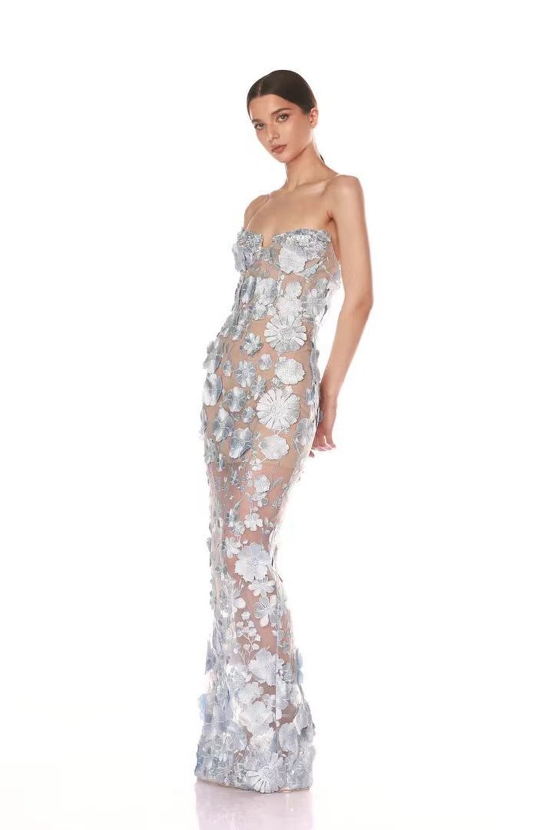 Strapless Floral Embroidered Sheer Gown H6621