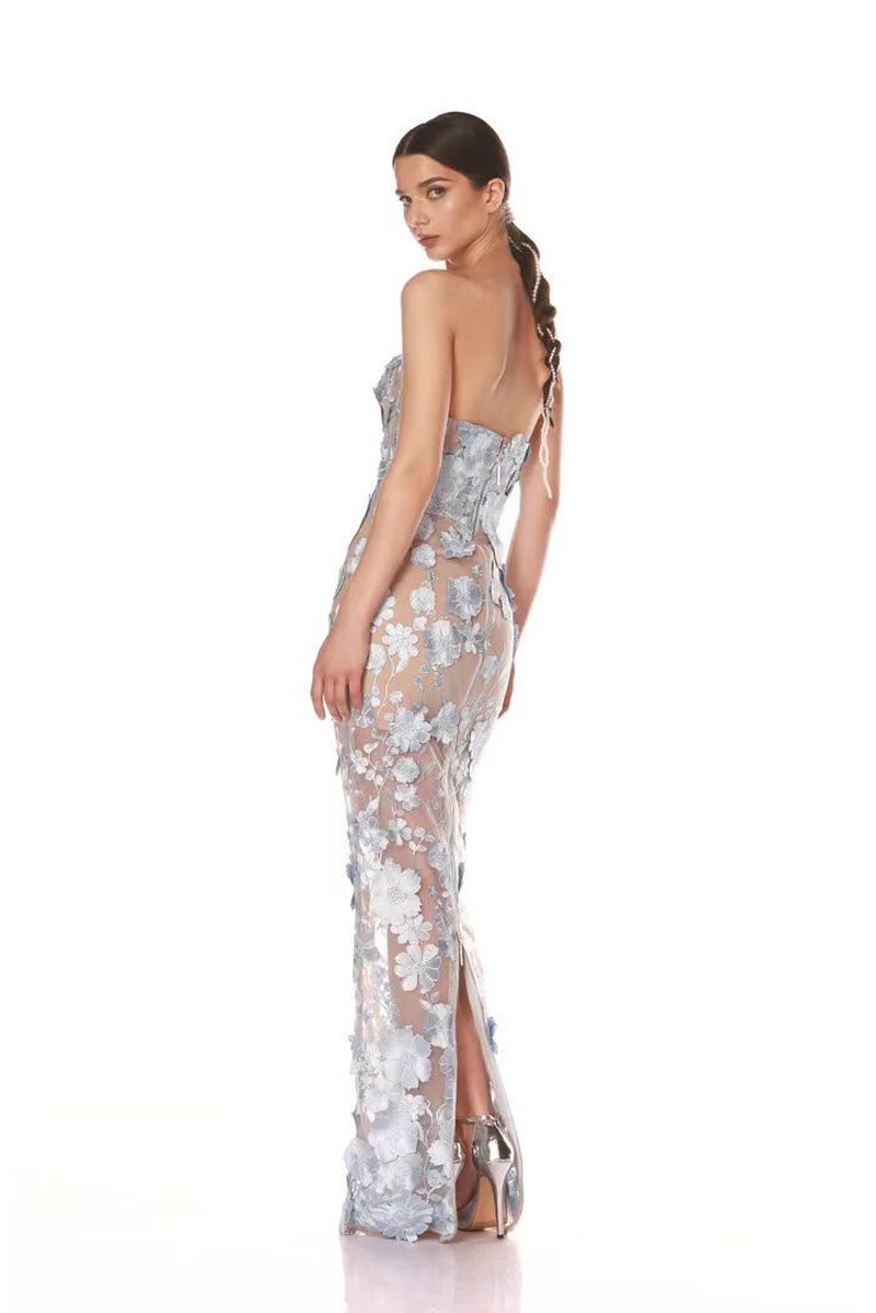 Strapless Floral Embroidered Sheer Gown H6621