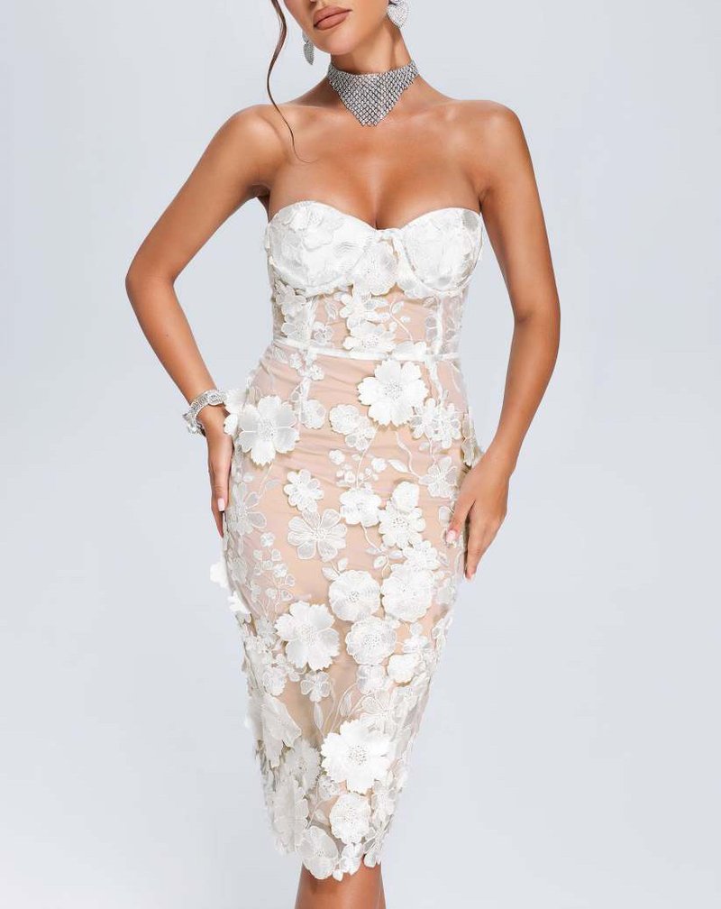 Strapless Floral Lace Midi Dress H6398