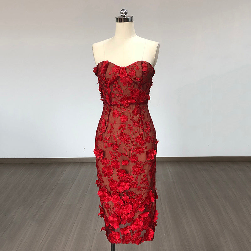 Strapless Floral Lace Midi Dress H6398