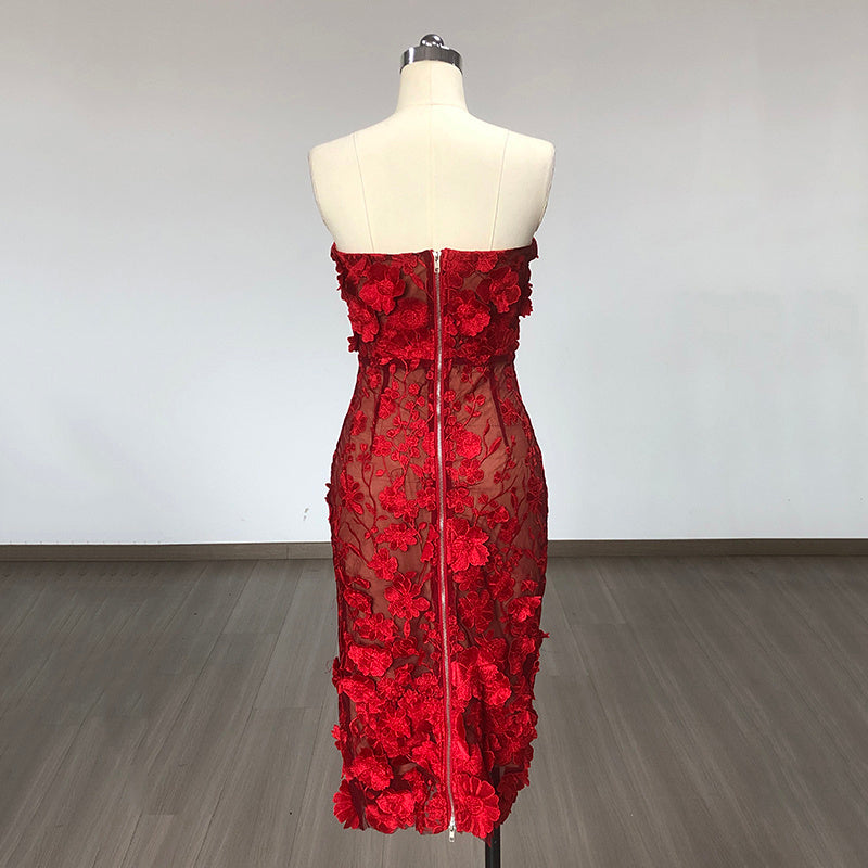 Strapless Floral Lace Midi Dress H6398