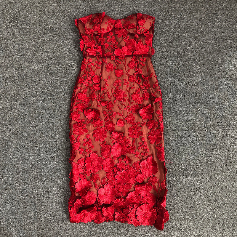 Strapless Floral Lace Midi Dress H6398