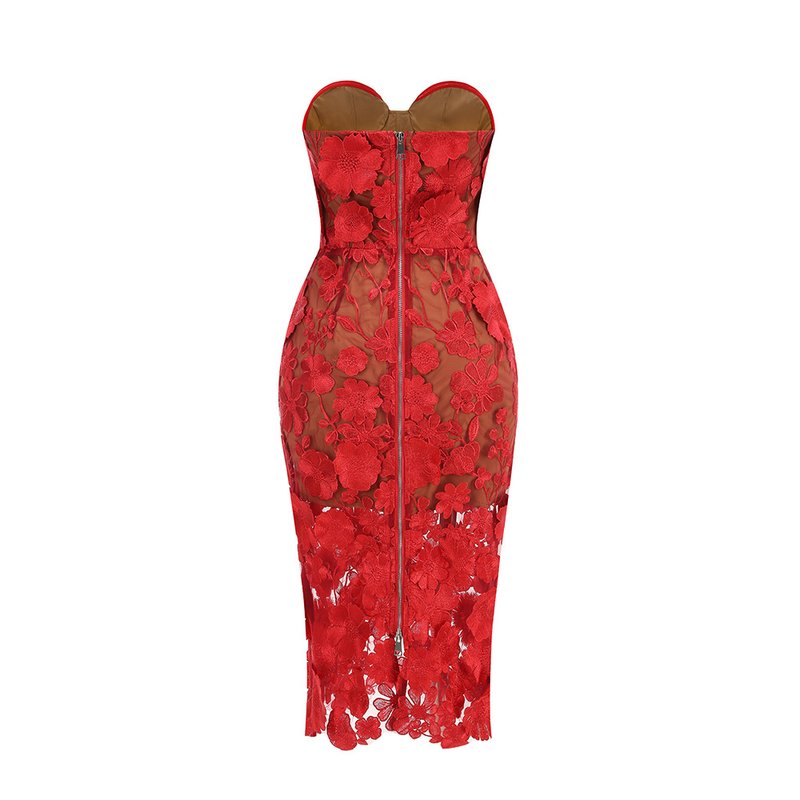 Strapless Floral Lace Midi Dress H6659
