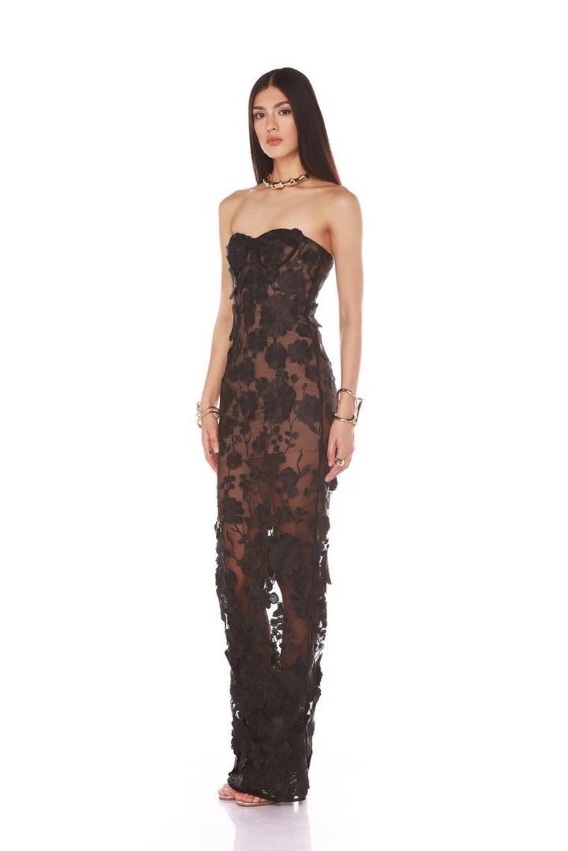 Strapless Floral Lace Sheer Maxi Dress H6658