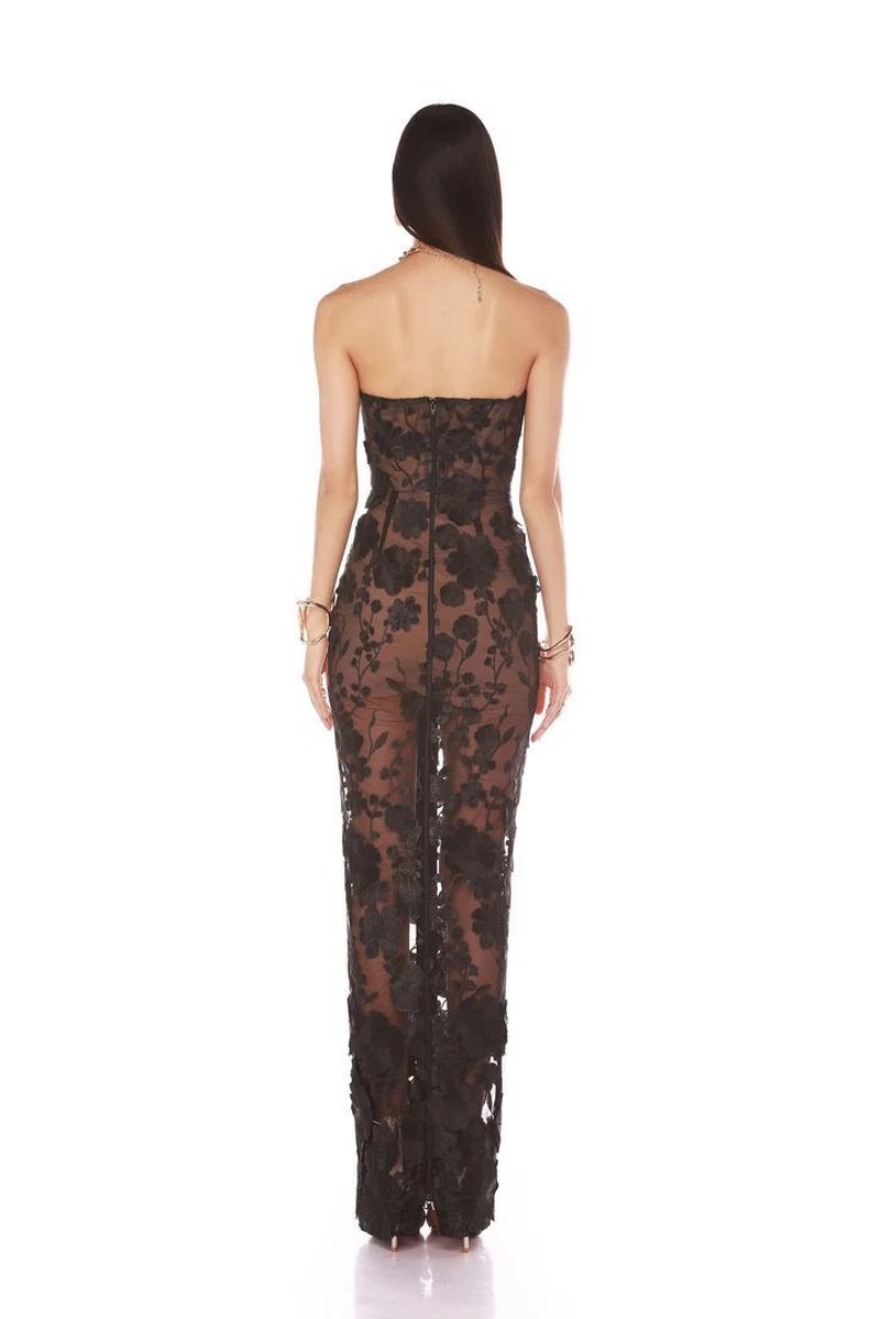 Strapless Floral Lace Sheer Maxi Dress H6658