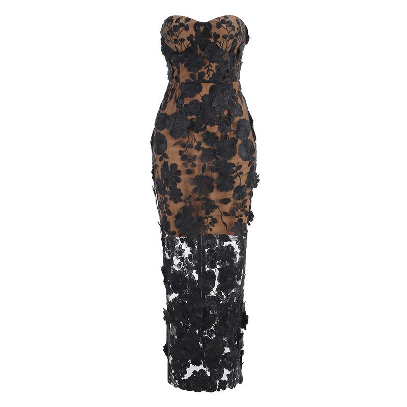 Strapless Floral Lace Sheer Maxi Dress H6658