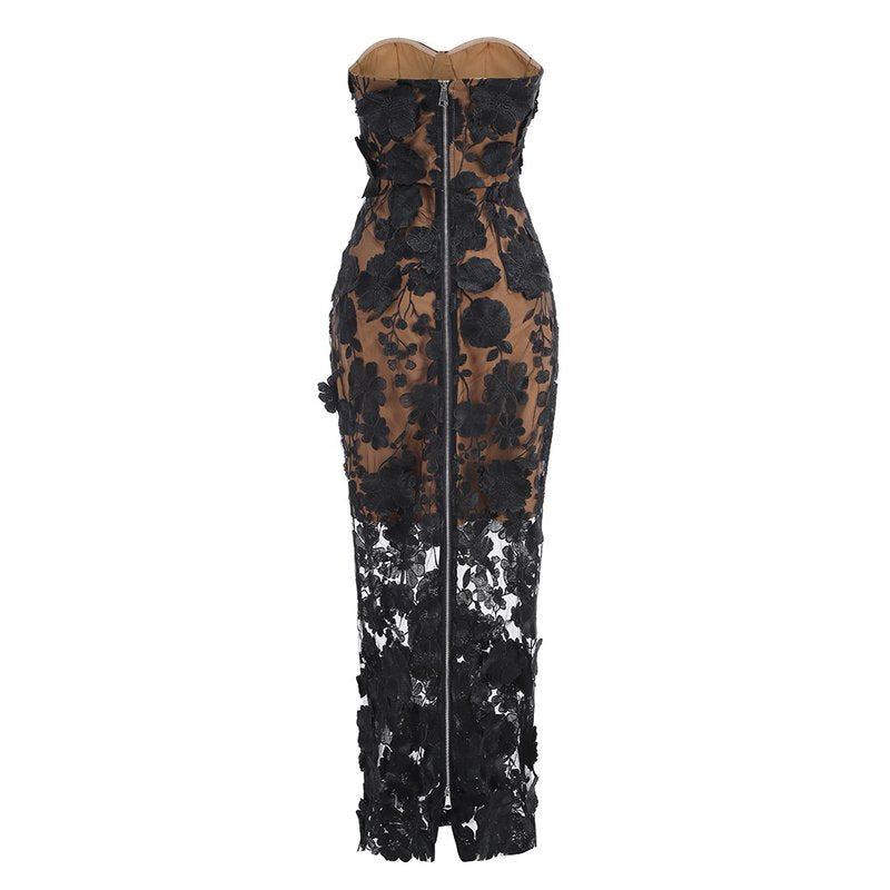 Strapless Floral Lace Sheer Maxi Dress H6658