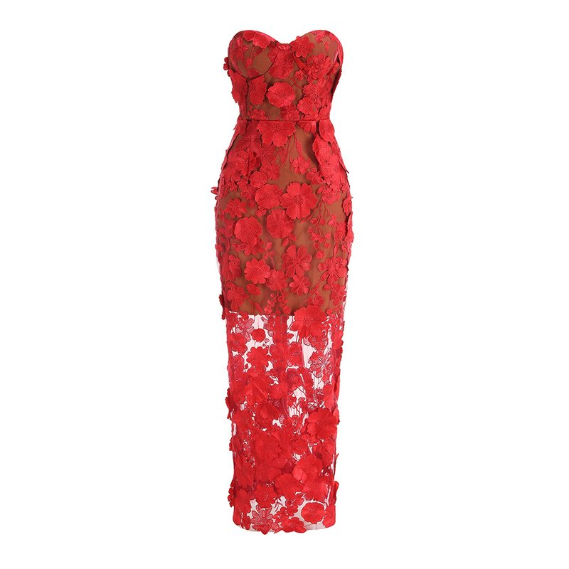 Strapless Floral Lace Sheer Maxi Dress H6658