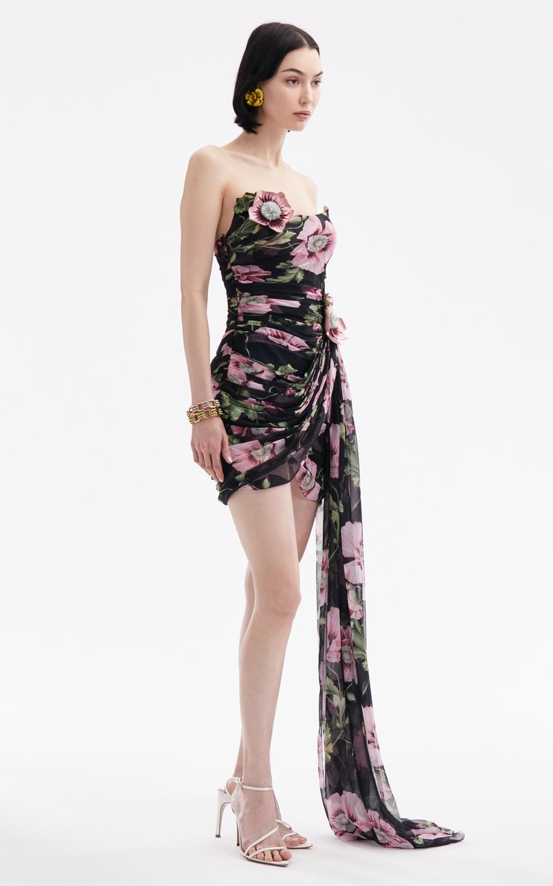 Strapless Floral Ruched Mini Dress H6313