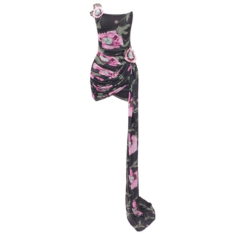 Strapless Floral Ruched Mini Dress H6313