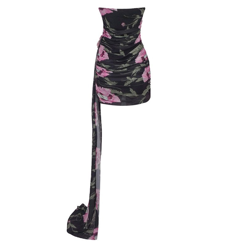 Strapless Floral Ruched Mini Dress H6313