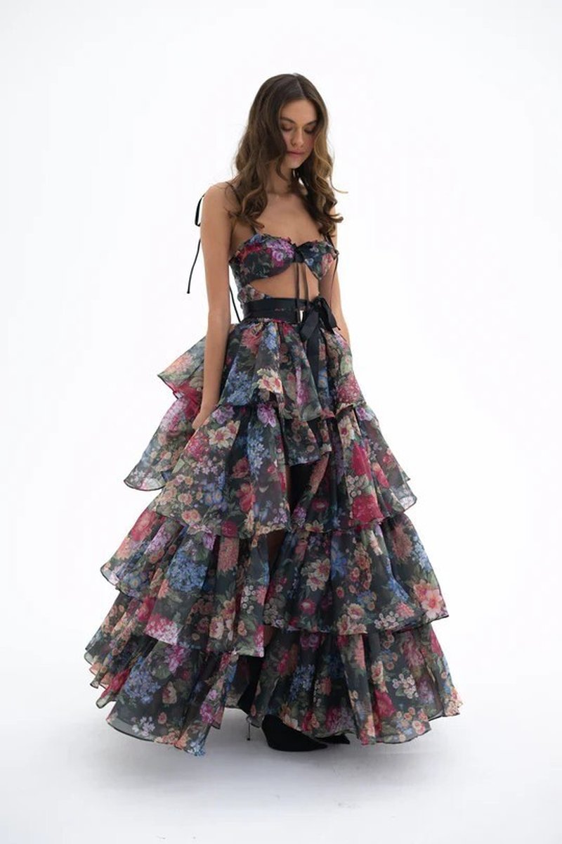 Strapless Floral Tiered Maxi Dress H6895