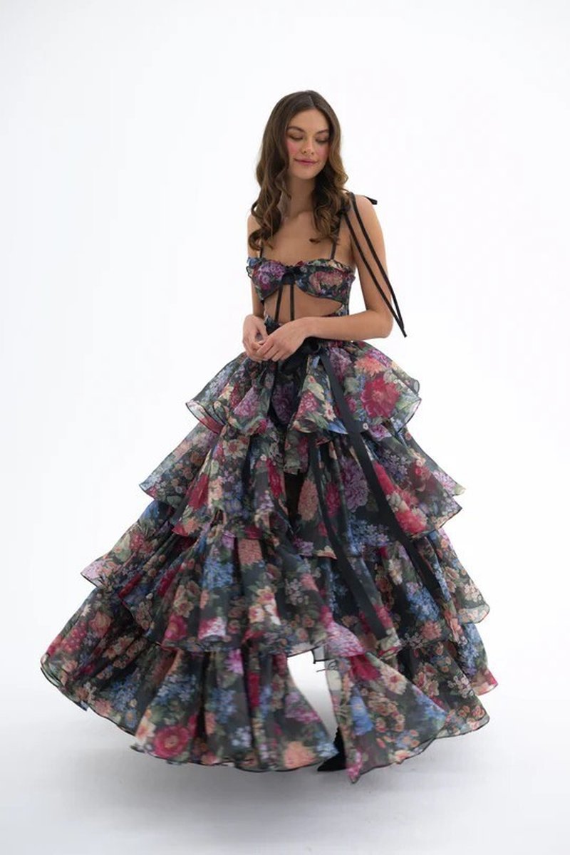 Strapless Floral Tiered Maxi Dress H6895