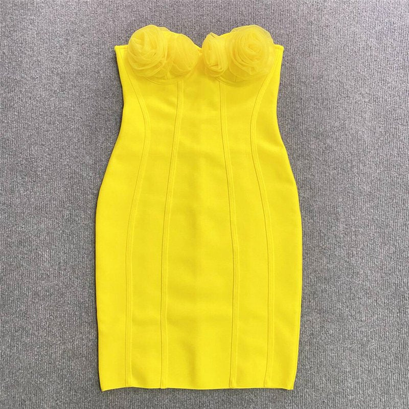Strapless Floral Yellow Bandage Dress H6225
