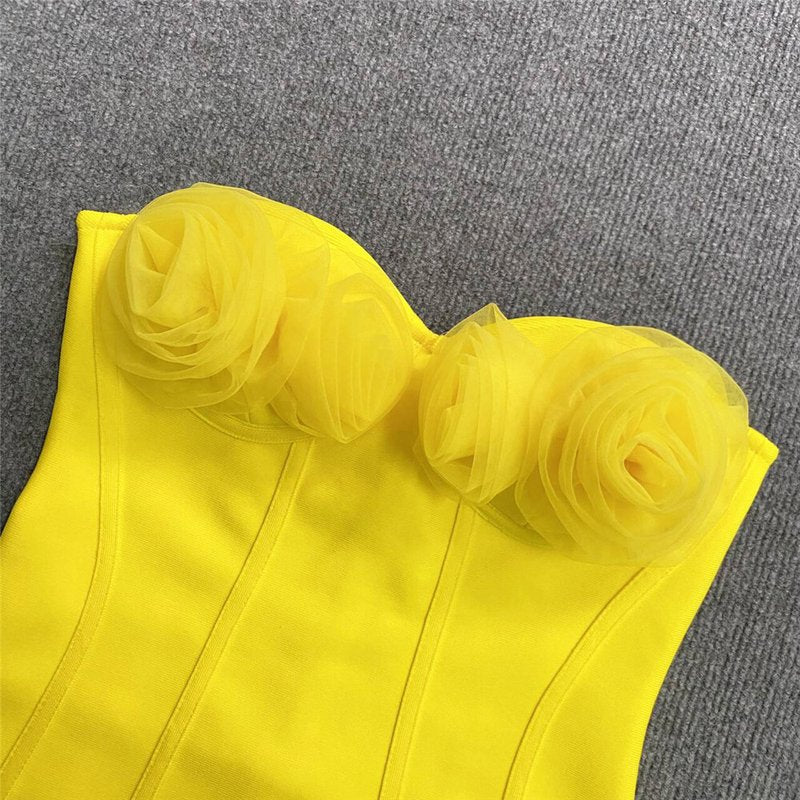 Strapless Floral Yellow Bandage Dress H6225