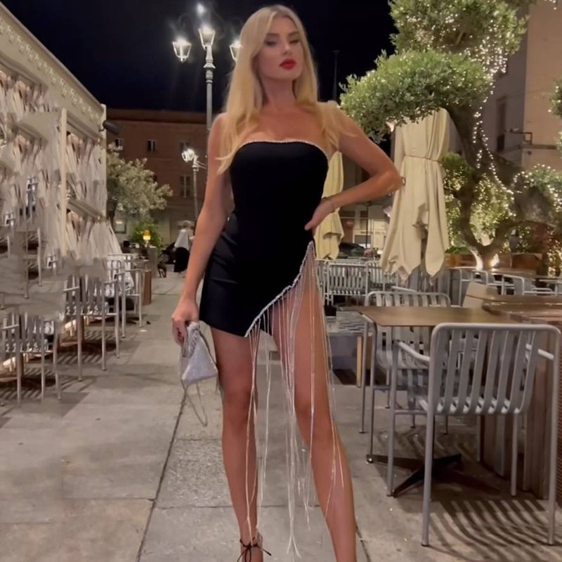 Strapless Fringe Asymmetric Mini Dress H5921