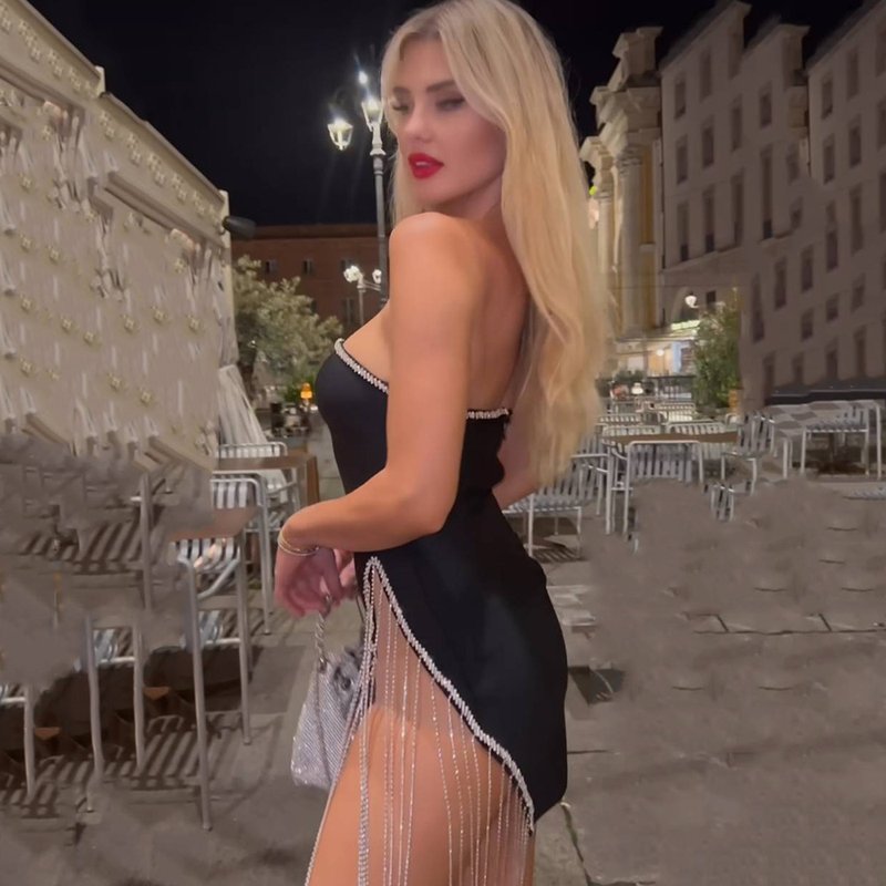 Strapless Fringe Asymmetric Mini Dress H5921