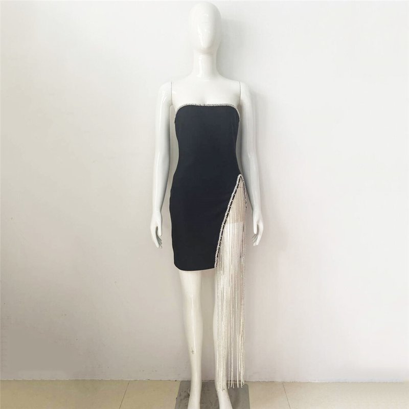 Strapless Fringe Asymmetric Mini Dress H5921