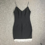 Strapless Fringe Black Midi Dress H3643