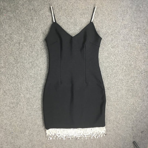 Strapless Fringe Black Midi Dress H3643