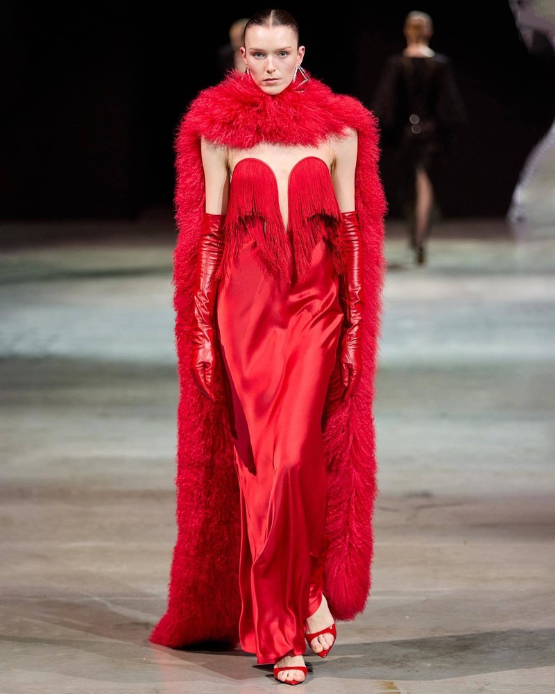 Strapless Fringe Satin Gown with Fur Cape H7019