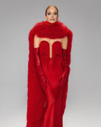 Strapless Fringe Satin Gown with Fur Cape H7019