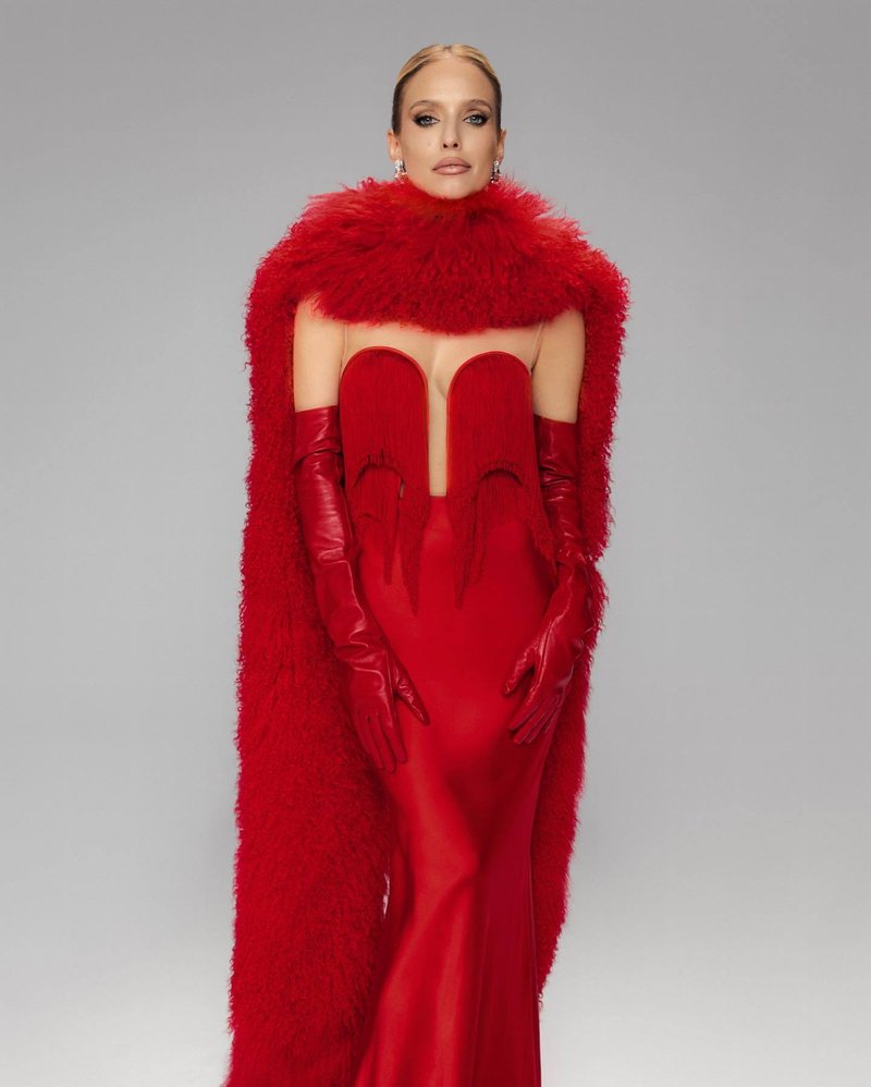 Strapless Fringe Satin Gown with Fur Cape H7019