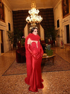 Strapless Fringe Satin Gown with Fur Cape H7019