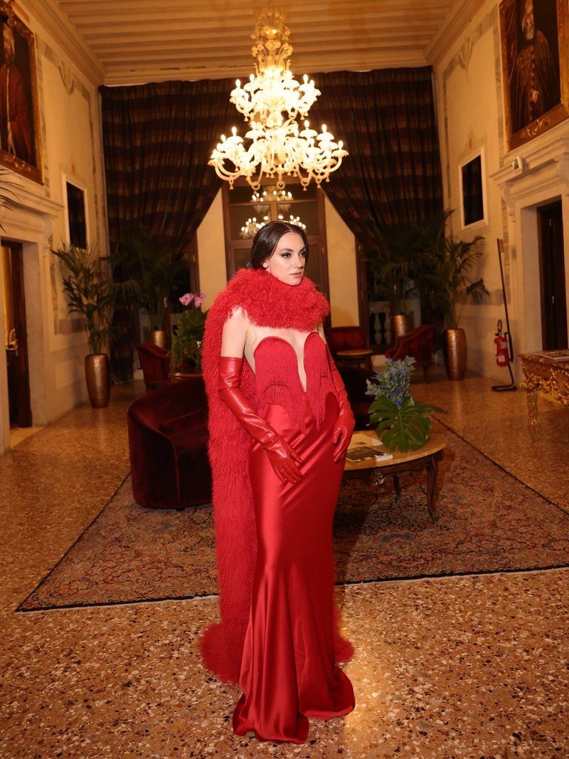 Strapless Fringe Satin Gown with Fur Cape H7019