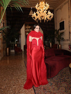 Strapless Fringe Satin Gown with Fur Cape H7019