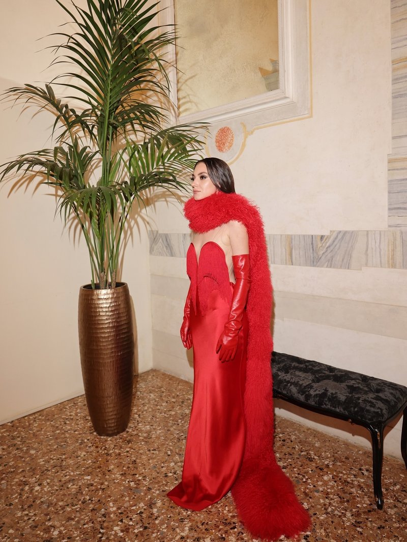 Strapless Fringe Satin Gown with Fur Cape H7019