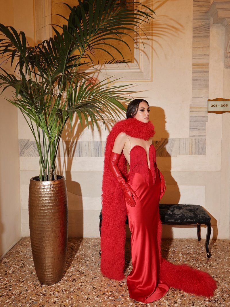Strapless Fringe Satin Gown with Fur Cape H7019