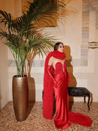 Strapless Fringe Satin Gown with Fur Cape H7019