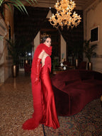 Strapless Fringe Satin Gown with Fur Cape H7019