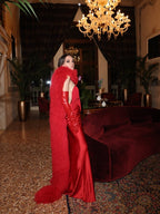 Strapless Fringe Satin Gown with Fur Cape H7019