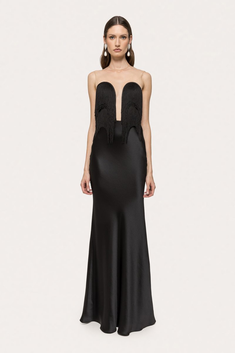 Fashion Strapless Fringe Satin Maxi Dress H7151