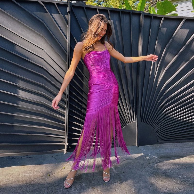 Fashion Strapless Fringe Satin Maxi Dress H7158