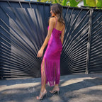 Fashion Strapless Fringe Satin Maxi Dress H7158